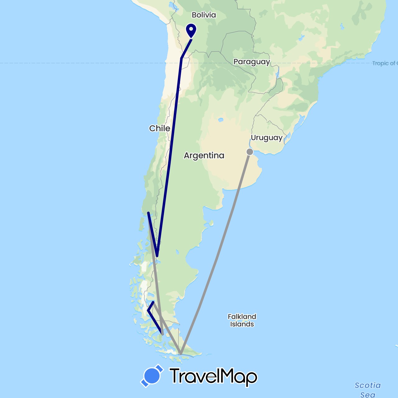 TravelMap itinerary: driving, plane in Argentina, Bolivia, Chile (South America)
