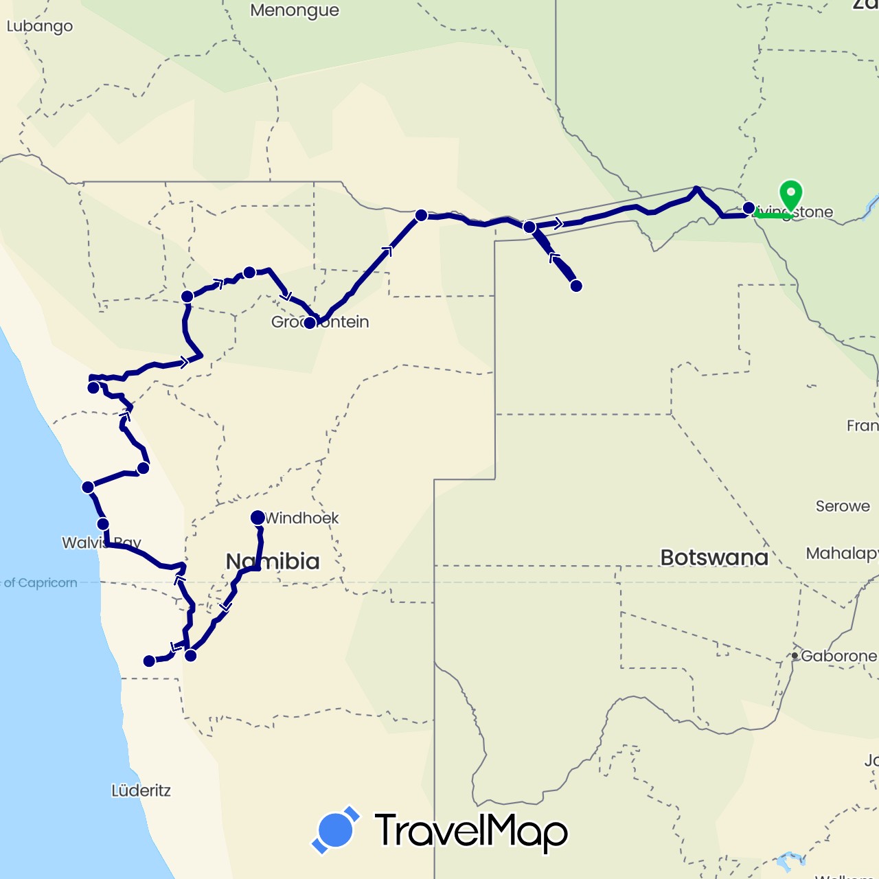 TravelMap itinerary: driving, bus in Botswana, Namibia, Zimbabwe (Africa)