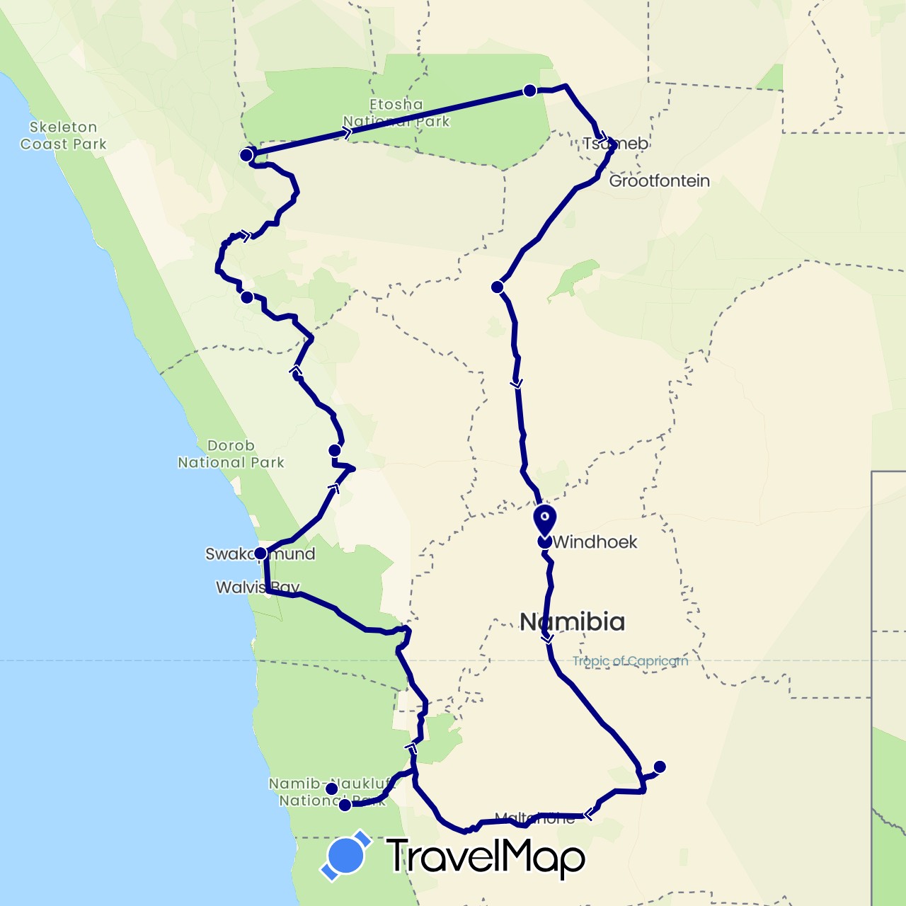 TravelMap itinerary: driving in Namibia (Africa)