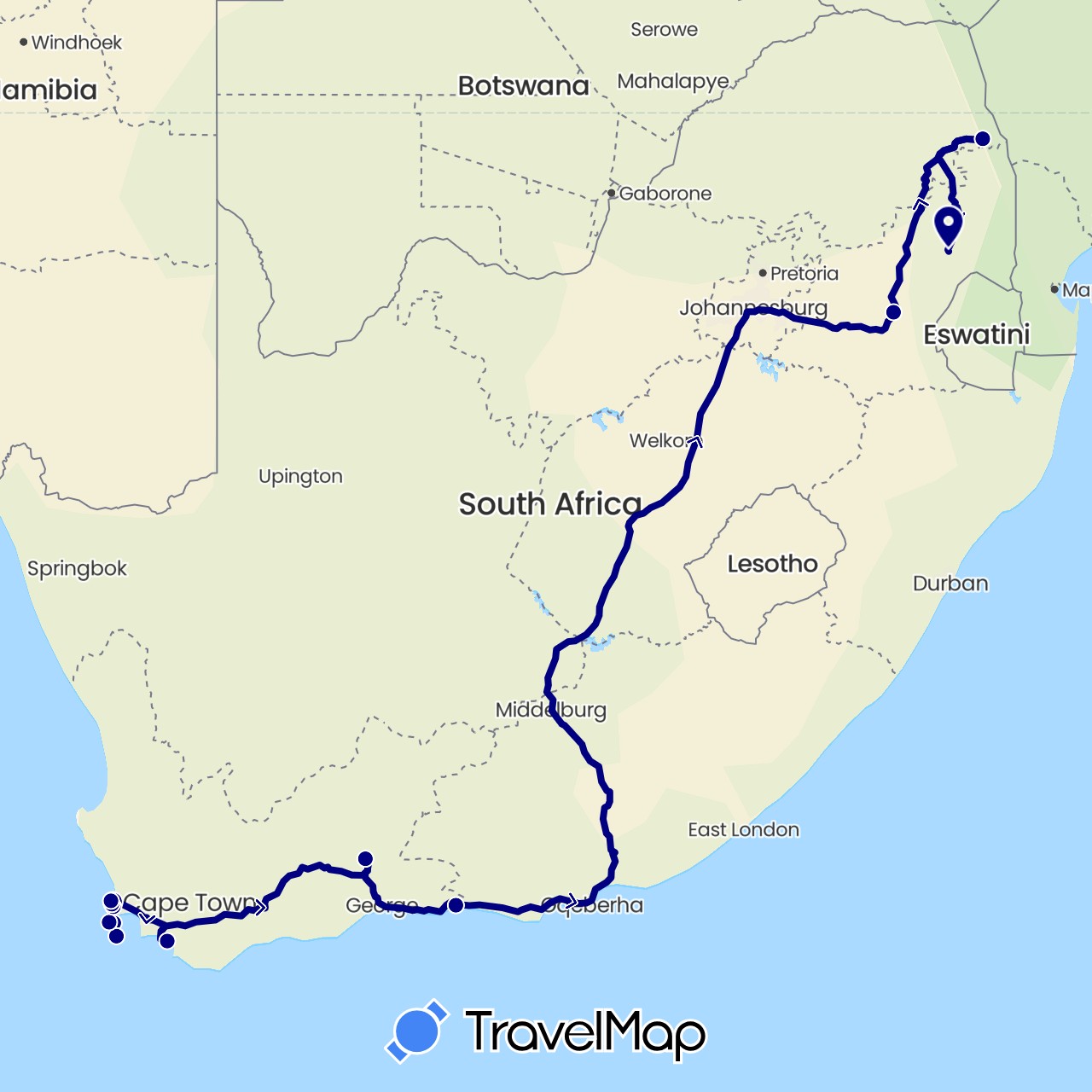 TravelMap itinerary: driving in South Africa (Africa)