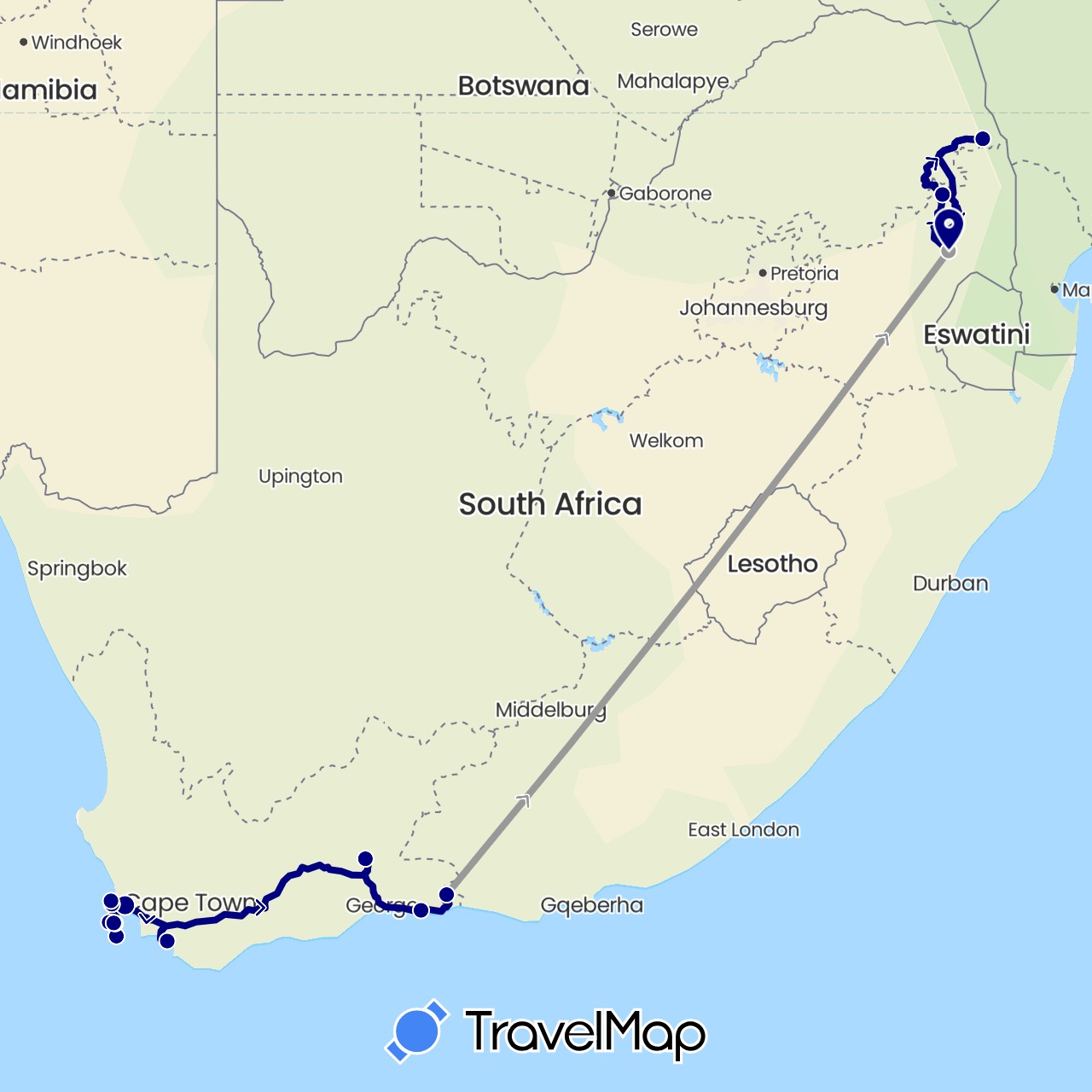 TravelMap itinerary: driving, plane in South Africa (Africa)
