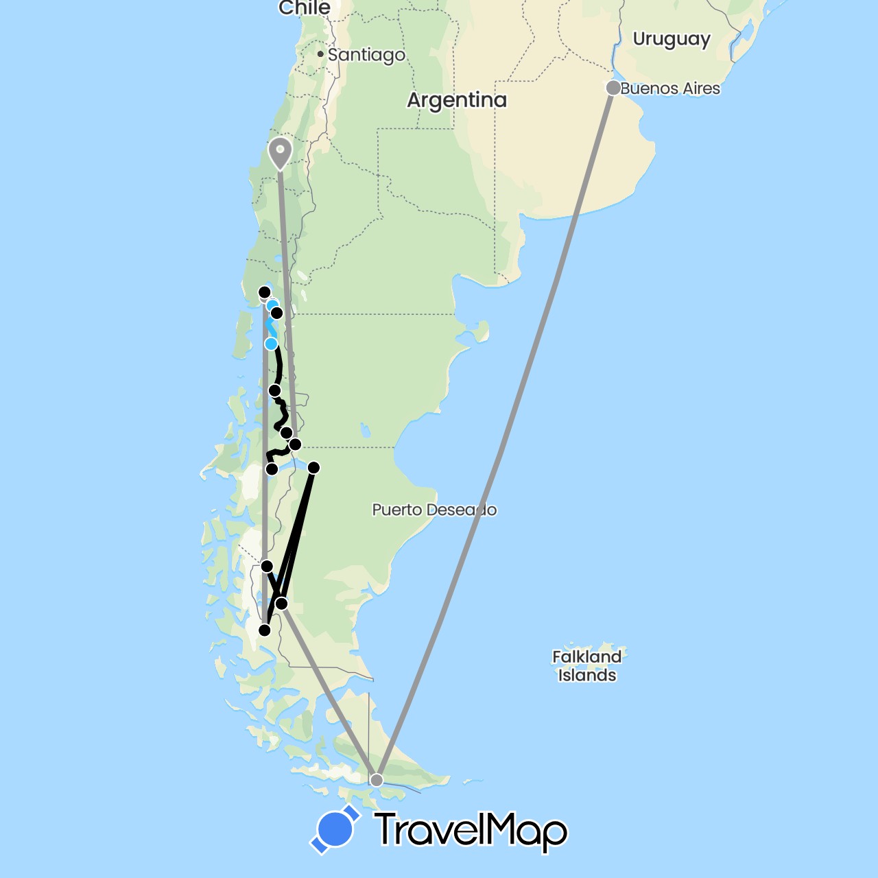 TravelMap itinerary: driving, plane, boat, van in Argentina, Chile (South America)