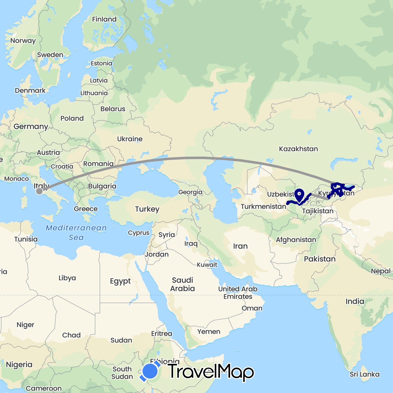 TravelMap itinerary: driving, plane in Italy, Kyrgyzstan, Uzbekistan (Asia, Europe)