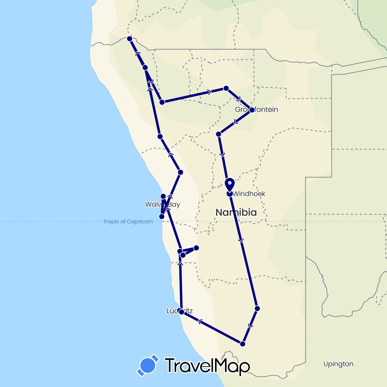 TravelMap itinerary: driving in Namibia (Africa)
