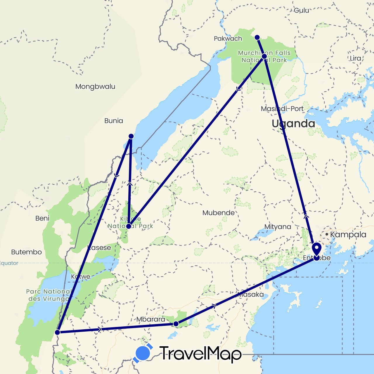 TravelMap itinerary: driving in Democratic Republic of the Congo, Uganda (Africa)